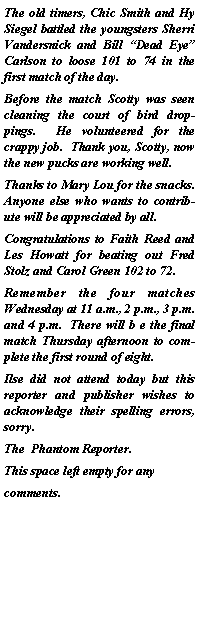 Text Box: The old timers, Chic Smith and Hy Siegel battled the youngsters Sherri Vandersnick and Bill Dead Eye Carlson to loose 101 to 74 in the first match of the day.Before the match Scotty was seen cleaning the court of bird droppings.  He volunteered for the crappy job.  Thank you, Scotty, now the new pucks are working well.Thanks to Mary Lou for the snacks.  Anyone else who wants to contribute will be appreciated by all.Congratulations to Faith Reed and Les Howatt for beating out Fred Stolz and Carol Green 102 to 72.Remember the four matches Wednesday at 11 a.m., 2 p.m., 3 p.m. and 4 p.m.  There will b e the final match Thursday afternoon to complete the first round of eight.Ilse did not attend today but this reporter and publisher wishes to acknowledge their spelling errors, sorry.The  Phantom Reporter.This space left empty for any  comments.