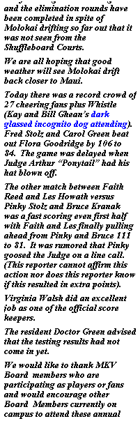 Text Box: The fun and games have begun and the elimination rounds have been completed in spite of Molokai drifting so far out that it was not seen from the Shuffleboard Courts.
We are all hoping that good weather will see Molokai drift back closer to Maui.   
Today there was a record crowd of 27 cheering fans plus Whistle (Kay and Bill Gheans dark glassed incognito dog attending).  Fred Stolz and Carol Green beat out Flora Goodridge by 106 to 84.  The game was delayed when Judge Arthur Ponytail had his hat blown off.  
The other match between Faith Reed and Les Howath versus Pinky Stolz and Bruce Kranak was a fast scoring even first half with Faith and Les finally pulling ahead from Pinky and Bruce 111 to 81.  It was rumored that Pinky goosed the Judge on a line call.  (This reporter cannot affirm this action nor does this reporter know if this resulted in extra points).
Virginia Walsh did an excellent job as one of the official score keepers. 
The resident Doctor Green advised that the testing results had not come in yet.
We would like to thank MKV Board  members who are participating as players or fans and would encourage other Board  Members currently on campus to attend these annual 
